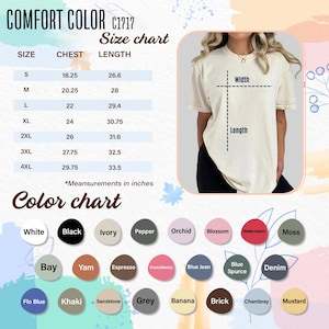 May include: A Comfort Colors C1717 size chart with chest and length measurements in inches. The color chart displays various colors, including white, black, ivory, and denim. A person is wearing a cream-colored t-shirt.