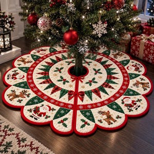 May include: A round, scalloped-edge Christmas tree skirt featuring a quilted cream-colored base with red and green plaid accents. The design includes repeating illustrations of Santa Claus and reindeer, interspersed with holly leaf motifs.