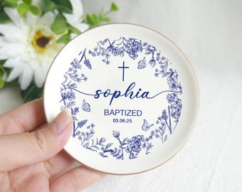 Personalized Baptism Jewelry Dish, Blue De Jouy Ring Dish, Baby Girl Baptism Gift, Christening Keepsake Gift for Goddaughter, ring hold gift