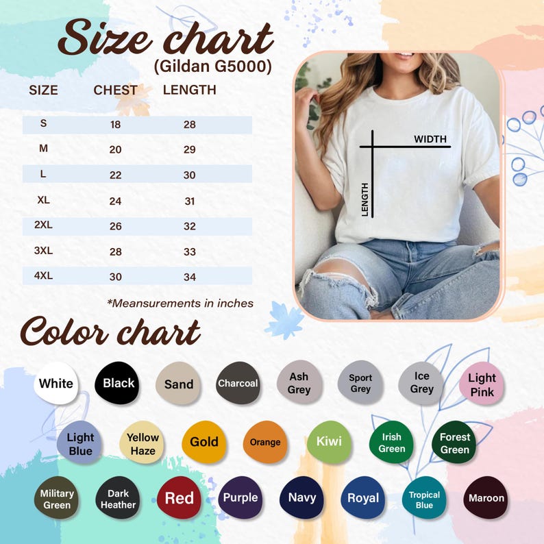 May include: A white t-shirt with a size chart and color chart. The size chart shows chest measurements from 18 to 30 inches and lengths from 28 to 34 inches. The color chart includes options like white, black, red, and navy.