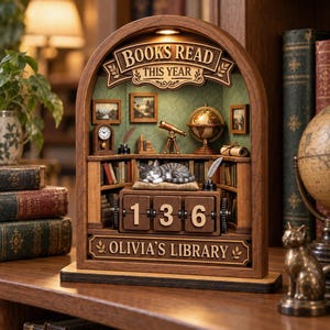 May include: A wooden arched display featuring a miniature library scene with a sleeping cat, a globe, a telescope, and a mechanical counter showing 136. The top sign reads BOOKS READ THIS YEAR and the bottom sign reads OLIVIA'S LIBRARY.