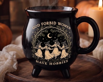 God Forbid Women Have Hobbies Mug, Witchy Coven Cauldron Mug, Funny Feminist Halloween Gift for Sister, Dark Academia Gothic Coffee Cup