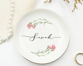 Personalized Birth Flower Ring Dish, Bridesmaid Gift, Best Friend Gift, Sister Jewelry Dish, Christmas Gifts, Friends Birthday Trinket Dish
