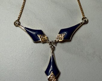 Vintage Art Deco Y-Drop Blue Enamel and Rhinestone Necklace 16”