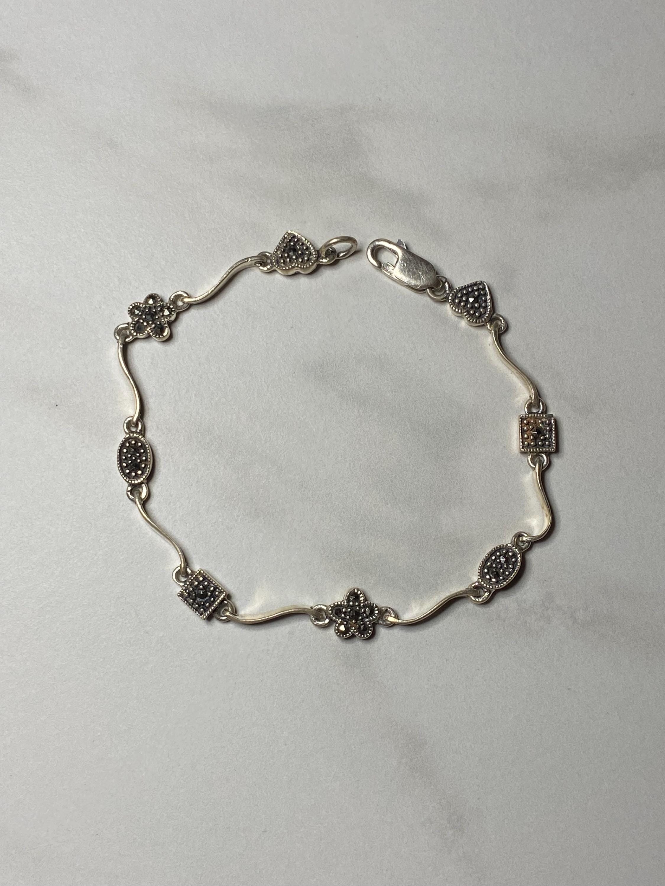 Bracciale Lungo Vintage Art Deco In Cristallo E Marcasite, Argento Placcato, 18 Cm