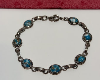 Vintage Copper Turqoise Silver-Tone Bracelet 8”