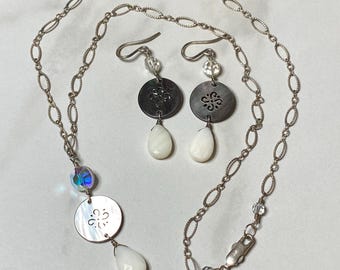 925 Paper Clip 19” Necklace with Abalone and Glass Dangling Pendant and Matching Earrings