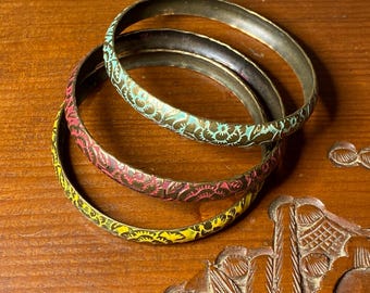 Vintage Brass Bangles with Etched Floral Designs and Enamel Color 9.25”