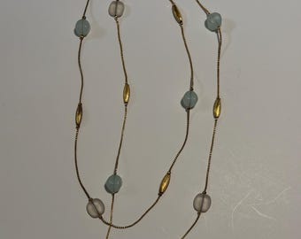 Vintage Avon SP Gold-Tone Station Necklace with Clear and Blue Lucite Beads 36”