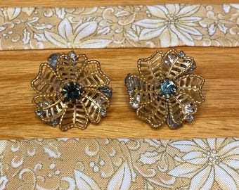 Rare, Vintage Signed Vendome Screw-Back Earrings with Leaf Motif and Glass Stones