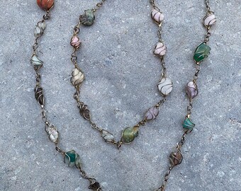 Vintage Necklace with Delicate Cages Holding Pastel-Colored, Semi-Precious Rough Stones 30”