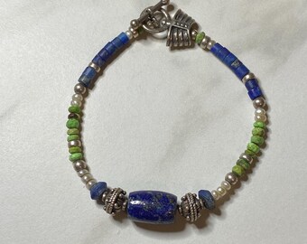 Sterling 925 Bracelet with Lapis Lazuli and Green Turquoise Navaho Pearls 7”