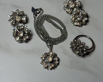 Sarah Coventry Jewelry Set—Silver Tone Filigree with Clear Rhinestones in a Floral Pattern