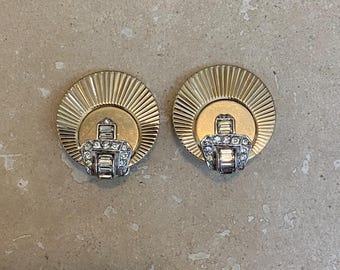 Vintage Marcel Boucher Gold Tone Buckle Clip On Earrings with Faux Rhinestones