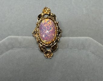 Vintage Victorian-Style Ornate Cocktail Ring with Faux Pink Fire Opal Size 6-8 (Adjustable)