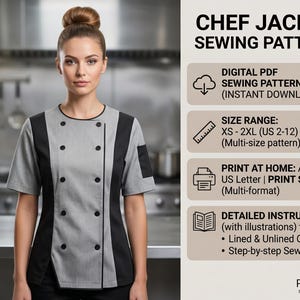 May include: A gray and black chef jacket with short sleeves and black buttons. The jacket is worn by a person in a kitchen setting. Text on the right side of the image reads "CHEF JACKET SEWING PATTERN".