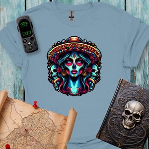 La Calavera Catrina T-Shirt, Day of the Dead Sugar Skull Tee, Colorful Calavera Girl, Mexican Gothic Halloween Shirt, Día de Muertos Gift