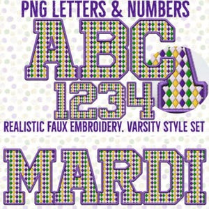 Mardi Gras Faux Embroidery PNG Alphabet: Sport Varsity Font (Digital Download)