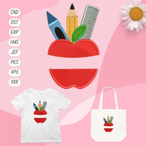 Apple with School Supplies Embroidery Design | Back to School Teacher Gift | Pencil Crayon Ruler Embroidery File | Digital Download