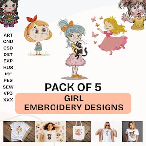 Embroidery Designs: Mexican Girl, Princess, Cheeky Girl, Cat (Digital Download)