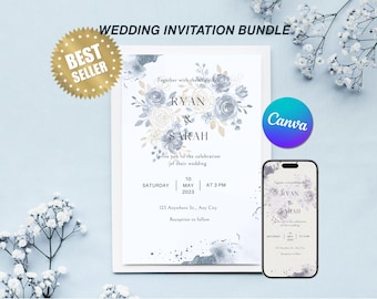May include: A wedding invitation bundle with a blue and white floral design. The invitation features the names "Ryan & Sarah" and the date "Saturday, May 10, 2023, at 3 PM".