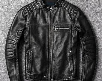 Handarbeit | Cafe Racer Style Herren Motorrad Biker Lederjacke | Echtes Schaffellleder