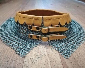 Chainmail Standard Butted Necklace with Leather and Metal Buckles, Medieval Viking Armor, Historical Costume Accessory