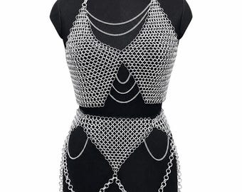 Chainmail Set, Silver Aluminum Medieval Armor Top And Skirt