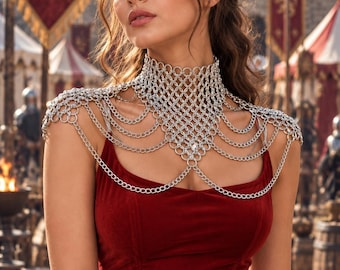 Silver Chainmail Shoulder Harness, Gothic Medieval Fantasy Jewelry (Adjustable)
