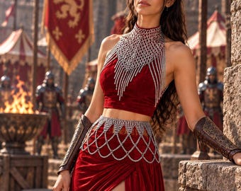 Chainmail Armor Set, Silver Metal Alloy Halter Top with Waist BeltHalloween