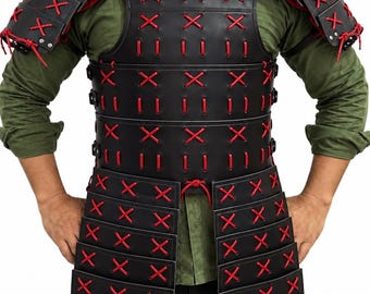 Handmade Medieval Leather Samurai Armor | LARP Cosplay Costume (Black Leather, Rivets)