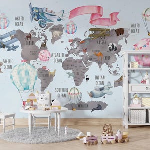 Wandbild Weltkarte Weltkarte für Kinderzimmer - Karte mit Tieren zum Schälen und Aufkleben Kinderzimmer Tapete