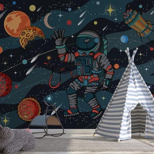 Carta da parati per cameretta dei bambini con astronauta e concetto di galassia - murale di design spaziale con carta non tessuta