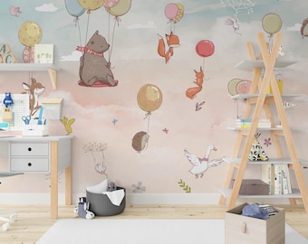 Whimsical Flying Animals and Balloons Nursery Wallpaper | Peel Stick Wallpaper | Self Adhesive Wall Art | Custom Size Kids Bedroom Mural