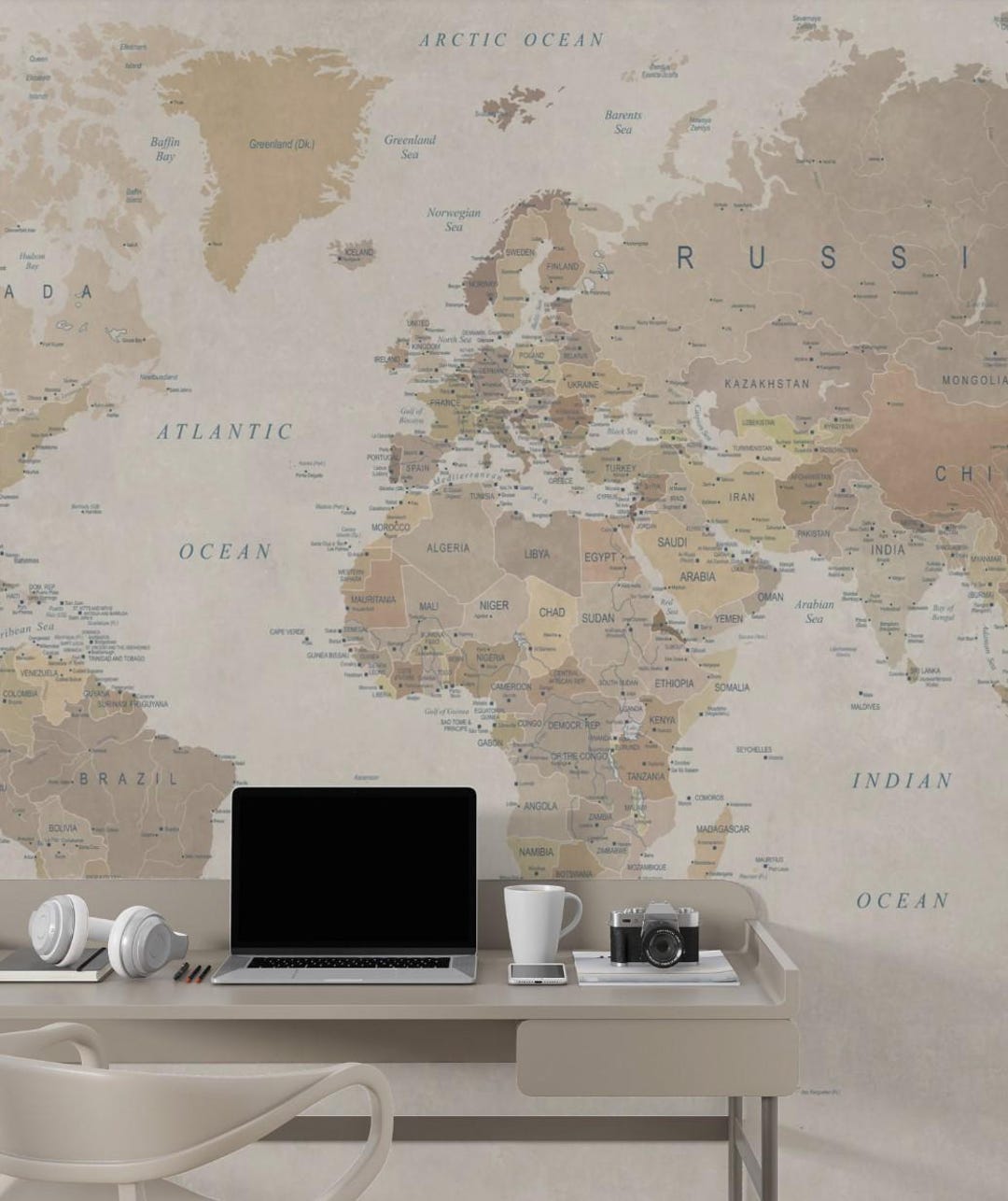 Vintage World Map Wallpaper Mural | Modern Educational Geographic Decor ...