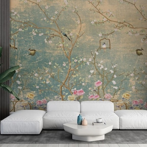 Vintage Chinoiserie Birds and Blossoms Wallpaper Mural | Custom Peel and Stick Mural | Elegant Botanical Inspired Wall Decor for Living Room