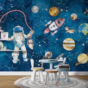 Carta da parati con astronauti, cameretta spaziale, carta da parati con pianeti e galassie, design murale per cameretta bambini