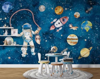 Kids Room Decor Wallpaper | Cute Astronaut and Rocket Decal | Custom Peel Stick Wall Mural | Outer Space Planets Design | Self Adhesive