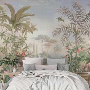 Soft Garden Themed Wallpaper Design For Home Decor-Botanical Mural Design For Exclusive Home Concept