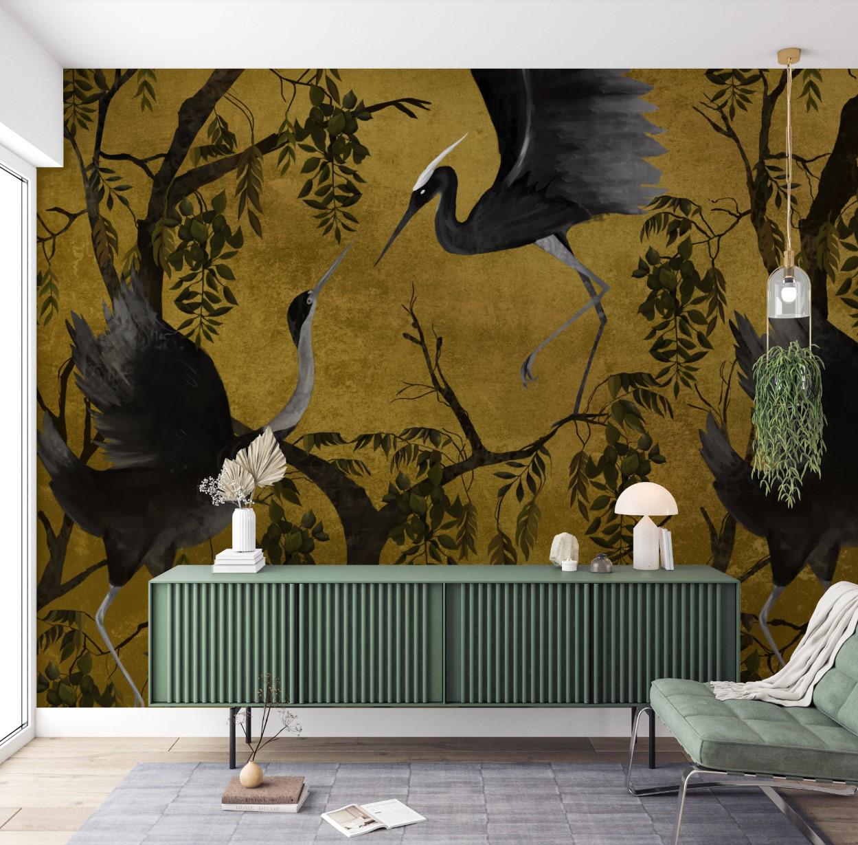 Papel tapiz con temática de grullas amarillas para un hogar moderno - Mural de diseño 3D de pájaros grandes
