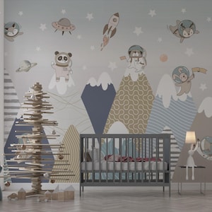 Carta da parati con design a tema animali - Decorazione per cameretta con tema astronauta per un divertente concetto di cameretta per bambini