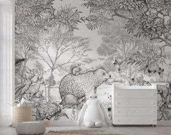Drawing Bear and Animals Themed Wallpaper For Kids Room - Black And White Forest Design