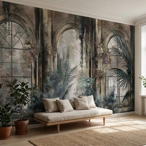 Vintage Garden Arch Wallpaper , Botanical Window Wall Art, Rustic Floral Wall Mural