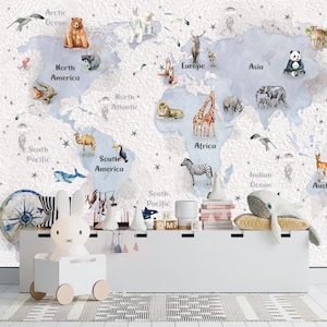 Carta da parati con mappa del mondo con animali dolci per la cameretta dei bambini - Carta da parati con concetto educativo e divertente