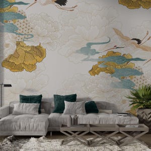Papier peint grue japonaise | Papier peint autocollant floral élégant | Revêtement mural textile auto-adhésif | Décoration autocollante personnalisée pour chambre
