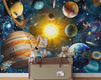 Custom Galaxy Space Wall Mural | Peel Stick Planet Wallpaper | Solar System Kids Room Decor | Self Adhesive Vinyl Starry Sky Wallcovering