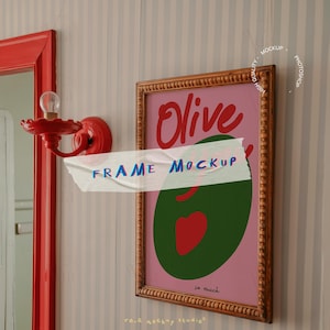 DIN A Vintage Wall Frame Mockup with Red Retro Sconce Moody Art Poster Display A2 Gold Frame on Floor Retro Room Red Scene Minimalistic PSD