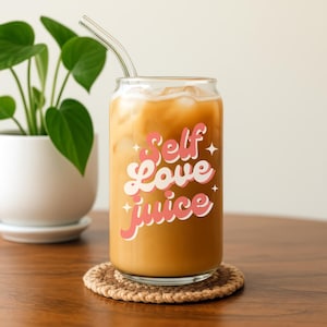 Self Love Juice Glass - 16oz Aesthetic Iced Cup with Self Care Vibes, Pink Lettering