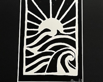 Handmade Ocean Waves Lino Print: Black and White Nature Wall Art