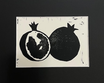 Handmade Pomegranate Lino Print: Black and White Spiritual Wall Art